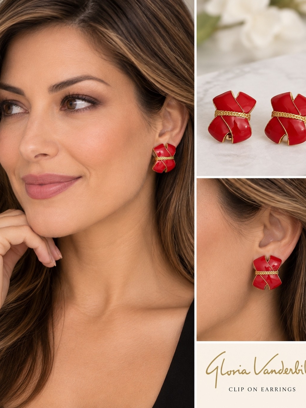 Gloria Vanderbilt Red and Gold Enamel Clip-On Earrings